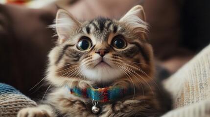 Poster - A cute fluffy cat with big round eyes wearing a colorful collar with a tiny bell, sitting comfortably on a couch, looking up curiously.