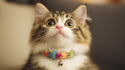 Poster - A cute fluffy cat with big round eyes wearing a colorful collar with a tiny bell, sitting comfortably on a couch, looking up curiously.