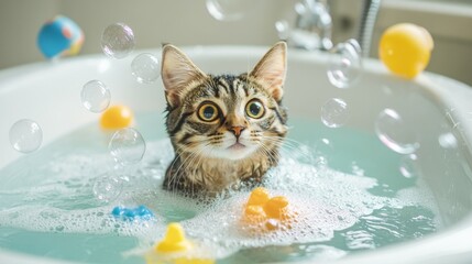 Poster - A delightful image of a cat playing with bubbles in a bathtub, surrounded by floating toys, showcasing the fun and playful side of bath time for furry companions.
