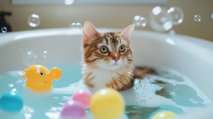 Poster - A delightful image of a cat playing with bubbles in a bathtub, surrounded by floating toys, showcasing the fun and playful side of bath time for furry companions.