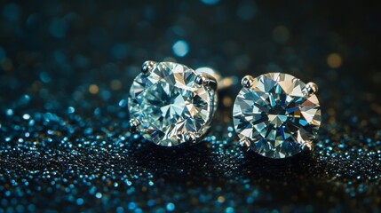 Poster - A detailed shot of a pair of diamond earrings with a unique design, captured with a macro lens to emphasize the cut and sparkle of each stone.