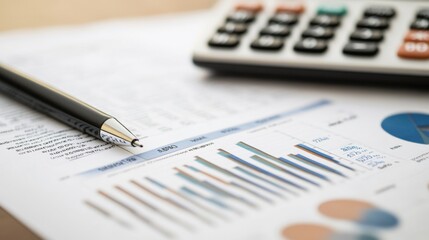 Aufkleber - A detailed shot of a printed financial report with various charts and graphs, with a pen and calculator beside it, emphasizing the analysis and planning process.
