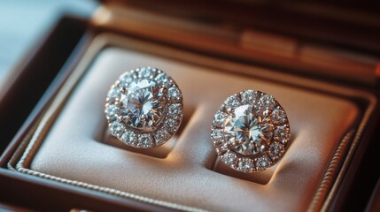Poster - A detailed shot of diamond earrings set in an elegant jewelry box, with a focus on the intricate design and quality of the gemstones and setting.