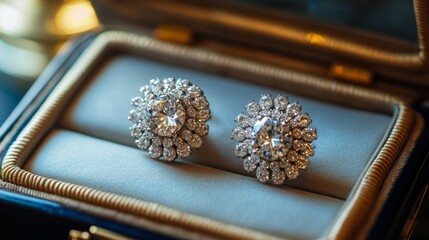 Poster - A detailed shot of diamond earrings set in an elegant jewelry box, with a focus on the intricate design and quality of the gemstones and setting.