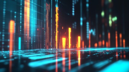 Poster - A digital 3D bar chart projected on a virtual screen, with tall, glowing bars reaching upward, symbolizing market growth and success in the financial sector.