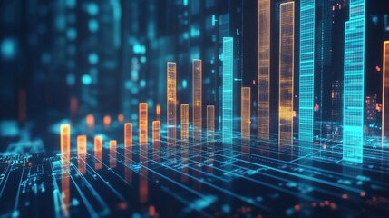 Poster - A digital 3D bar chart projected on a virtual screen, with tall, glowing bars reaching upward, symbolizing market growth and success in the financial sector.