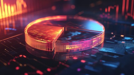 Fototapete - A digital 3D pie chart with transparent segments floating in space, highlighting the distribution of data in a sleek, modern style.