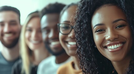  Diverse and inclusive group of office colleagues smiling at a team building workshop event, workplace race inclusion and diversity concept 