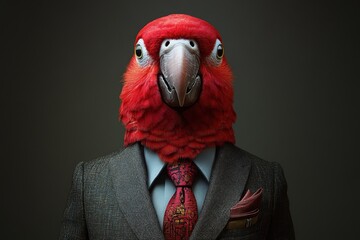 A creatively styled parrot head adorned in a formal suit, blending nature and elegance in a whimsical portrait.