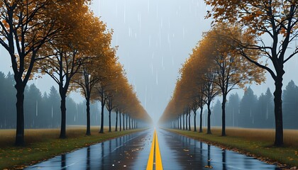 Wall Mural - serene downpour on a tree-lined road with glistening pavement and raindrops creating a tranquil atmosphere