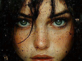 Poster - Intense Gaze: A Close-Up Portrait of a Woman with Freckles