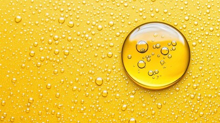 Poster - The bright yellow background enhances the clarity of a water droplet, showcasing reflections and surrounding bubbles that catch light beautifully, creating a cheerful atmosphere