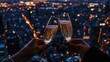 © Anna - Two glasses of champagne clink together against a stunning urban backdrop, showcasing a beautiful sunset that illuminates the city skyline with sparkling lights