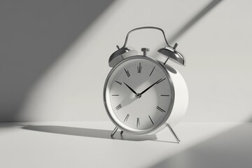 Silver Alarm Clock on White Surface with Light and Shadow