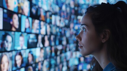 A beautiful girl in front of the screen with portraits of people