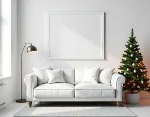 mockup frame white, living room, decor christmas, sofa white, tree christmas, ornaments