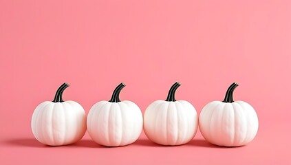 Wall Mural - A rendering of white pumpkins arranged in a flat lay on a pink background, providing ample copy space for text or design elements.