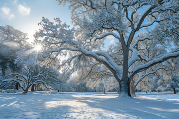 winter scene in the park, oak trees with snow on them