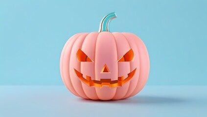 A modern, creative Halloween illustration featuring a pink pumpkin head set against a light blue background, embodying a trendy and playful Halloween concept.