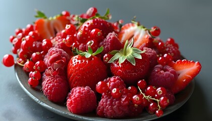 Vibrant medley of strawberries and raspberries adorned with luscious red berries