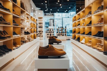 Wall Mural - A shoe store with a lot of shoes on display. The store is well lit and the shoes are arranged on pedestals