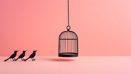 A creative minimalistic concept featuring a birdcage with witches' silhouettes against a pastel pink background, capturing a Halloween scary vibe with a modern aesthetic and plenty of copy space