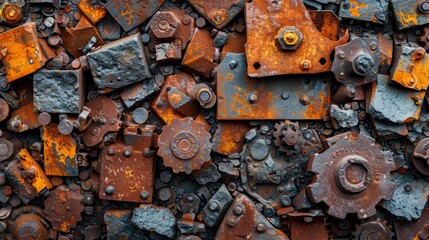 metal scrap rusty industrial part detail for melt and reused for recycling background steampunk ultra wide panorama 