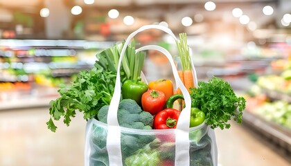 Wall Mural - Vibrant reusable shopping bag brimming with fresh vegetables amidst an abstract blur of a grocery store backdrop