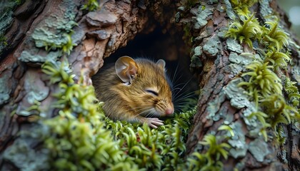 Wall Mural - Dormouse Exploration in Enchanted Mossy Tree Trunk Nooks