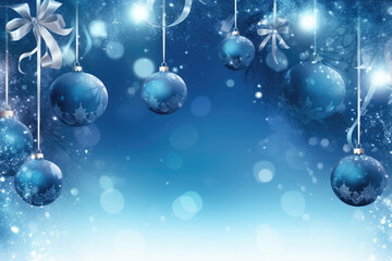 Wall Mural - beautiful blue christmas ornaments hanging delicately on a sparkling background, creating a winter w