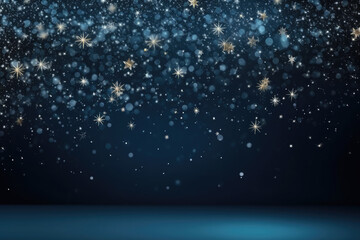 abstract christmas background with falling snowflakes and sparkling stars on blue background with em