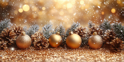 Sticker - Christmas balls, cones on the branches of a fir tree on a background of golden bokeh. Christmas banner. Banner. Copy space