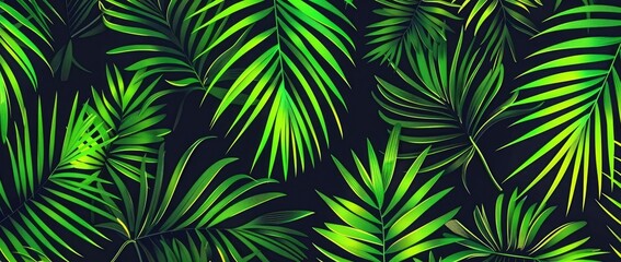 Green pattern with palm leaves on a dark background, a seamless texture