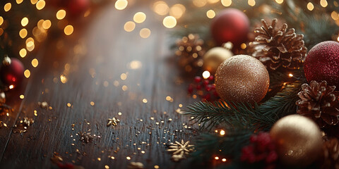 Wall Mural - golden and red christmas ornaments and evergreen garland are framing a dark surface covered with sno