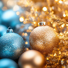 Wall Mural - festive christmas card idea with glittering blue and gold ornaments on a sparkling tree, creating a 