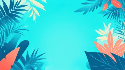 Tropical Paradise: A vibrant turquoise background framed by lush, stylized tropical foliage, creating a summery and inviting atmosphere. Perfect for travel, vacation, nature, and tropical themes.