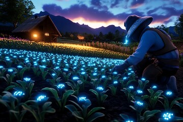 Poster - Magical farm with glowing crops, where the plants emit a soft, mystical light under a twilight sky, and enchanted creatures tend to the fields