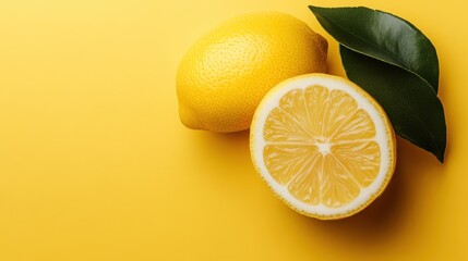 An arrangement of a whole lemon, a halved lemon, and two green leaves on a light yellow background, highlighting its freshness and natural beauty.