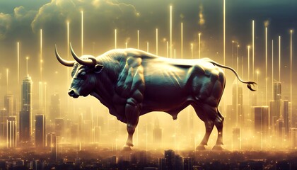 Wall Mural - Triumphant bull amidst a smoky cityscape adorned with glowing golden bar graphs and charts