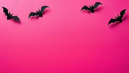 Wall Mural - halloween background decorations scary concept spiders black bats fly pink bright background top view