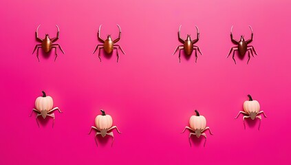 halloween concept top view vertical photo ghost silhouettes pumpkins insects spiders cockroach centipedes confetti isolated pastel pink