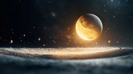 Wall Mural - a depiction of a planet gravitational pull on its moons, illustrating the forces that govern the cel