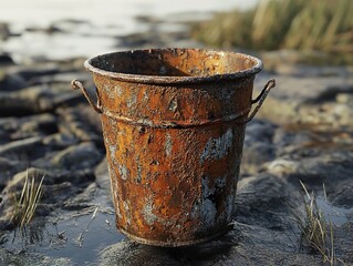 Canvas Print - Rusty Bucket on a Rocky Beach