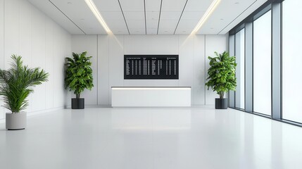 High-tech bank lobby with touch screen counters, a digital stock ticker, and a central light sculpture, Futuristic, clean lines, high contrast