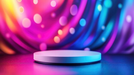 Poster - Vibrant abstract background featuring a circular pedestal with colorful bokeh lights, perfect for showcasing products or presentations.