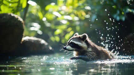 playful raccoon splashing in crystalclear pool droplets flying surrounded by lush tropical foliage sunlight sparkling on water surface