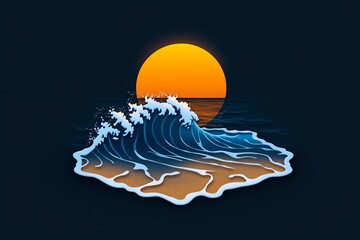 Minimal beach icon, showing waves gently lapping at the shore, with a simple sun setting in the background, capturing the essence of outdoor relaxation