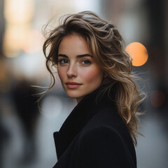 A rich aesthetic woman with chic hair stands confidently in New York, exuding elegance and charm amidst urban backdrop. Her expression reflects blend of poise and warmth