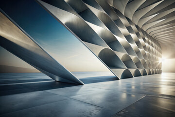 Poster - Stunning architectural design showcases sleek metallic curves and shadows under a golden sunset at an elegant modern building. Generative AI