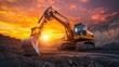 © Bijac - powerful excavator in action at sunset hydraulic arm extended dramatically against fiery sky construction site alive with dust and motion embodying industrial progress